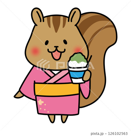 浴衣を着てかき氷を食べるリス 126102563