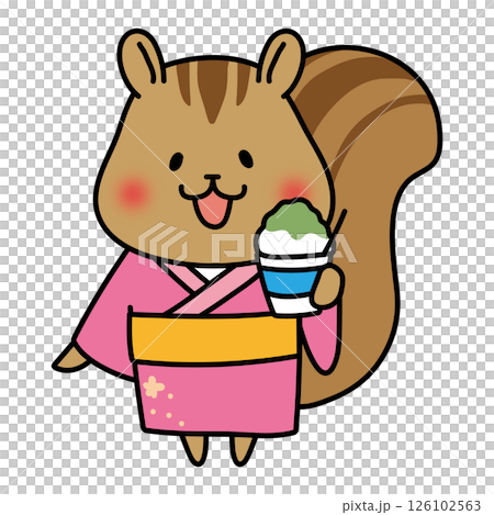 浴衣を着てかき氷を食べるリス 126102563