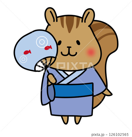 青い浴衣を着てうちわを持っているリス 126102565