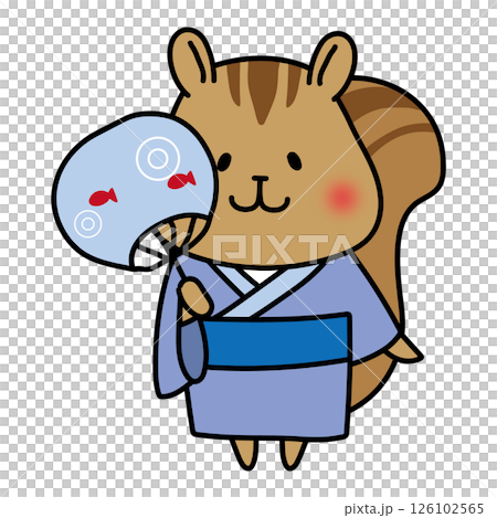 青い浴衣を着てうちわを持っているリス 126102565