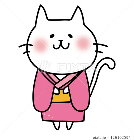 ピンクの浴衣を着ている白い猫 126102594
