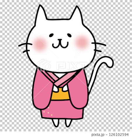 ピンクの浴衣を着ている白い猫 126102594
