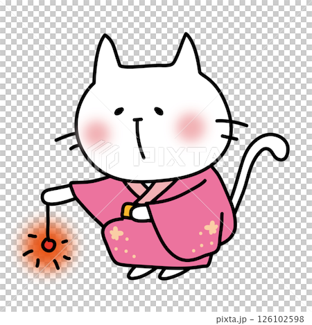 A white cat wearing a pink yukata and playing sparklers 126102598