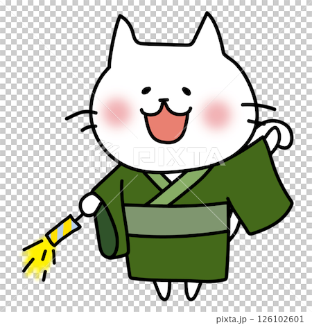浴衣を着て手持ち花火をする白い猫 浴衣を着て手持ち花火をする白い猫 126102601