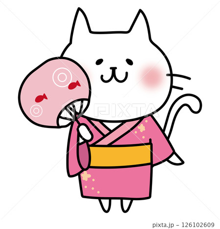 ピンクの浴衣を着てうちわを持っている白い猫 ピンクの浴衣を着てうちわを持っている白い猫 126102609