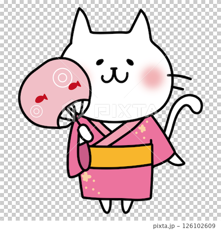 A white cat wearing a pink yukata and holding a fan A white cat wearing a pink yukata and holding a fan 126102609