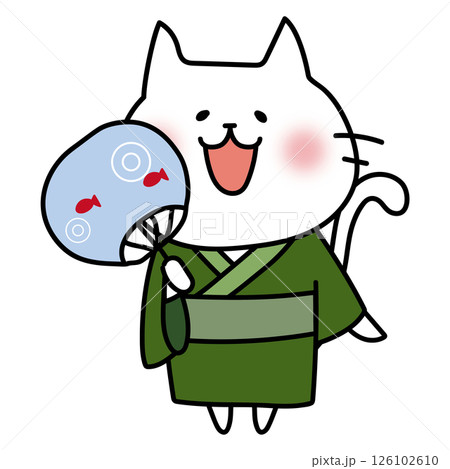 緑の浴衣を着てうちわを持っている白い猫 緑の浴衣を着てうちわを持っている白い猫 126102610