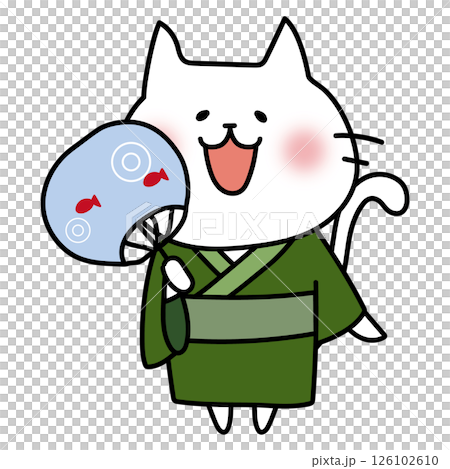 緑の浴衣を着てうちわを持っている白い猫 緑の浴衣を着てうちわを持っている白い猫 126102610