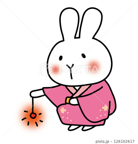 ピンクの浴衣を着て線香花火をする白いうさぎ ピンクの浴衣を着て線香花火をする白いうさぎ 126102617