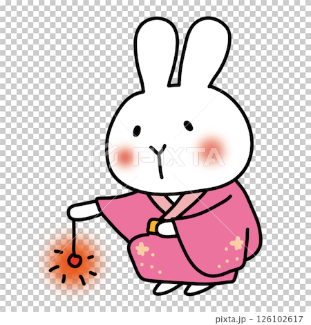 ピンクの浴衣を着て線香花火をする白いうさぎ ピンクの浴衣を着て線香花火をする白いうさぎ 126102617