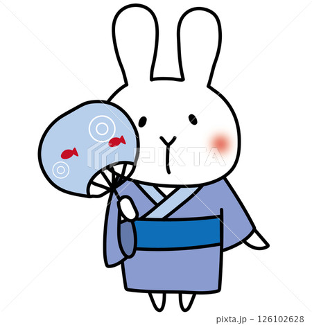 青い浴衣を着てうちわを持っている白いうさぎ 126102628