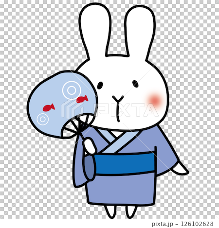 青い浴衣を着てうちわを持っている白いうさぎ 126102628