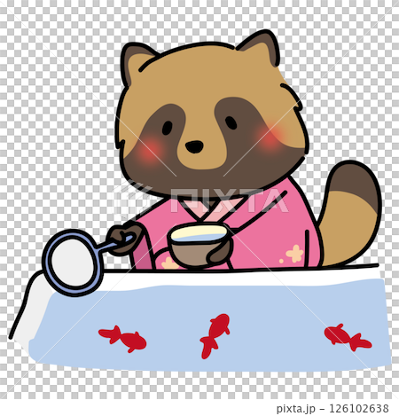 一隻穿著粉紅色浴衣的浣熊正在撈金魚 一隻穿著粉紅色浴衣的浣熊正在撈金魚 126102638