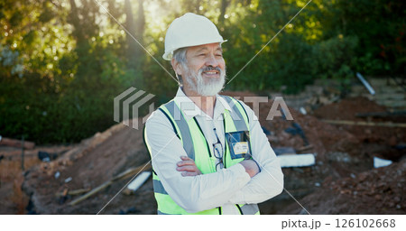 Construction site, mature man and thinking with arms crossed for building, architecture and ideas. Outdoor, male person and architect with confidence for excavation project, inspiration or contractor 126102668