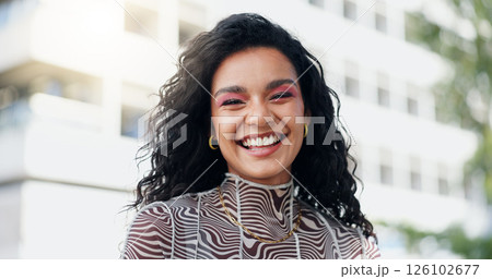 Happy, fashion and portrait of woman in city with makeup, streetwear or trendy clothes. Smile, confident and female person with facial cosmetics and stylish, edgy or casual outfit in urban town. 126102677