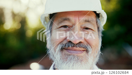 Happy, crossed arms and face of construction worker on site with confidence for repairs or building. Smile, pride and portrait of Asian foreman with engineering project development for maintenance. 126102684