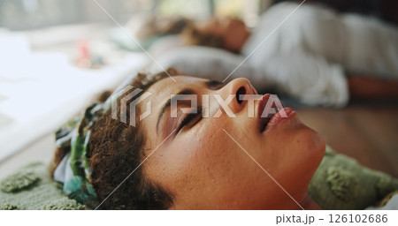 Relax, calm and woman at guided meditation class for mindfulness, peace and balance practice. Zen, yoga nidra and female person at somatic healing session for wellness, health or trauma release. 126102686