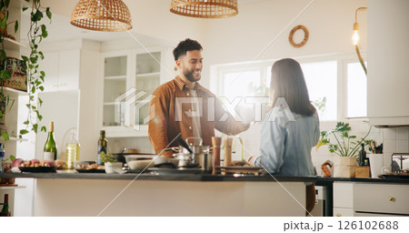 Home, happy and couple with coffee for toast, celebration and anniversary for relationship in morning. Kitchen, man and woman with cappuccino drink for cheers, love commitment and bonding in marriage 126102688