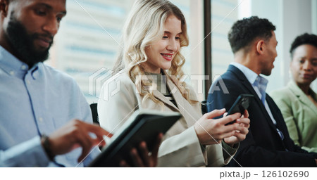 Interview, waiting or businesswoman with phone in queue for hiring registration, application or human resources. Resume, mobile or line for recruitment, employment vacancy or job search opportunity 126102690