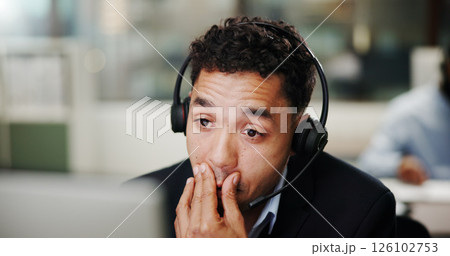 Man, call center and computer with stress in office, communication or telecom mistake with burnout. Contact us, customer service and help desk fail, tired or fatigue with agent in coworking space Man, call center and computer with stress in office, communication or telecom mistake with burnout. Contact us, customer service and help desk fail, tired or fatigue with agent in coworking space 126102753