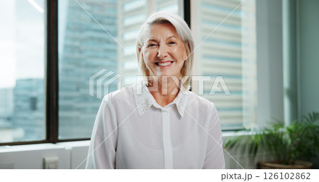 Portrait, mature and happy business woman in office with career experience as financial advisor. Smile, boss and confident professional executive, wealth consultant and asset manager in Switzerland 126102862