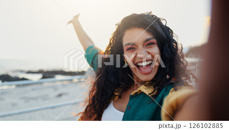 Seaside, selfie and woman with smile, vacation and travel with tropical island, excited and beach. Portrait, happy person or wow with social media, ocean and influencer with summer holiday or Miami Seaside, selfie and woman with smile, vacation and travel with tropical island, excited and beach. Portrait, happy person or wow with social media, ocean and influencer with summer holiday or Miami 126102885