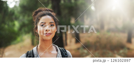 Hiking, happy and portrait of woman in nature with backpack for exercise, trekking and travel. Fitness, space and person in forest for explore, adventure and journey outdoor for wellness and banner 126102897
