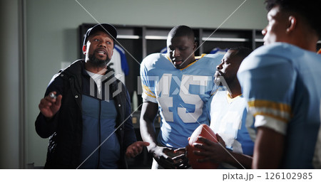 Advice, coaching and football with team in locker room for game plan, sports strategy or defense formation. Touchdown tactics, match feedback and discussion with people talking for training mentor Advice, coaching and football with team in locker room for game plan, sports strategy or defense formation. Touchdown tactics, match feedback and discussion with people talking for training mentor 126102985