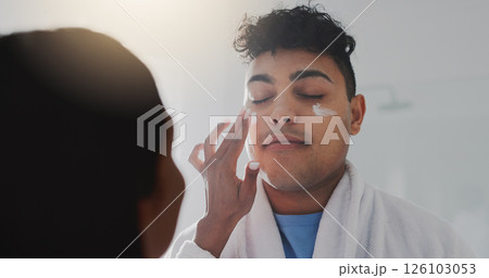 Couple, lotion and man with skincare in bathroom for beauty, facial treatment and bonding together. People, help and moisturizer with sunscreen, collagen cosmetics and romance for dermatology at home 126103053