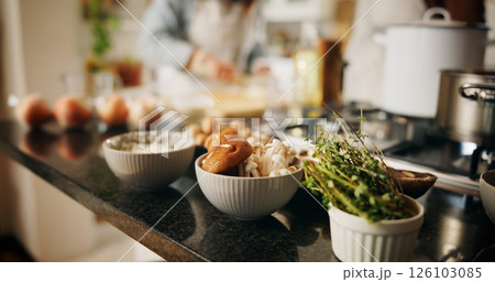 Food, culinary art or kitchen with ingredients for hospitality, cooking or catering service at home. Closeup, vegetables or chef person with recipe or fresh organic produce for meal prep or dinner 126103085