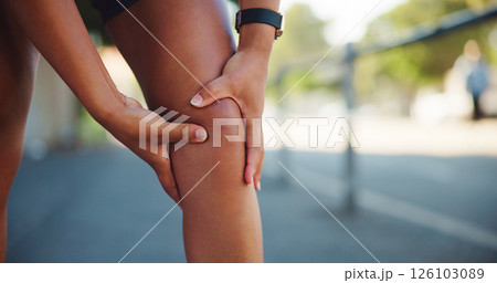 Person, knee pain or fitness injury in city, muscle cramps or tension with exercise mistake. Fibromyalgia, stiff joints or athlete hands with medical emergency, sore leg or inflammation outdoor 126103089