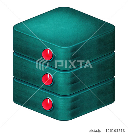 Cybersecurity data breach concept, Stacked teal boxes with red buttons on a black background isolated transparent background 126103218