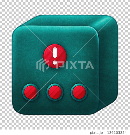 Cybersecurity data breach concept, Green cube with red buttons and exclamation mark symbol isolated transparent background 126103224
