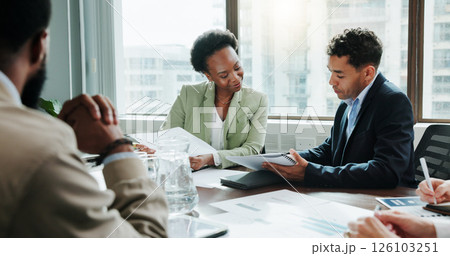 Documents, report and meeting with business people in office for investment analyst, advisor and stock market. Audit review, portfolio growth and feedback with employees in agency for research 126103251