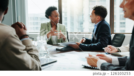 Teamwork, talking and meeting with business people in office for investment analyst, advisor and stock market. Audit review, portfolio growth and feedback with employees in agency for research 126103253