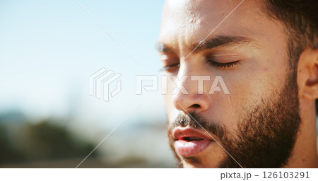 Breathing, runner or man on break in city for fitness space, marathon training or exercise health. Mockup, focus or face of calm athlete in urban town for workout performance, outdoor jog or sports 126103291