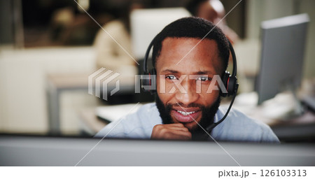 Black man, face and thinking at computer for call center, communication or CRM help desk for support insight. Information, idea or telecom with online reading, customer service and outbound solution Black man, face and thinking at computer for call center, communication or CRM help desk for support insight. Information, idea or telecom with online reading, customer service and outbound solution 126103313