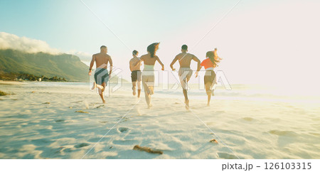 Running, freedom and back of people by beach on tropical vacation, holiday or getaway together. Fun, travel and group of friends by ocean with activity, journey or adventure on seaside weekend trip. Running, freedom and back of people by beach on tropical vacation, holiday or getaway together. Fun, travel and group of friends by ocean with activity, journey or adventure on seaside weekend trip. 126103315