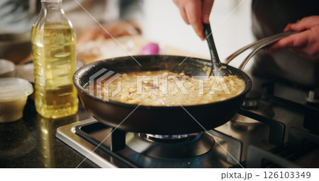 Cooking, food and pan with chef in kitchen of restaurant closeup for diet, health or nutrition. Gas stove, ingredients and recipe with person in hotel for gourmet cuisine, hospitality or service 126103349