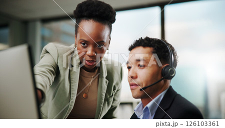 Call center, help and training with mentor on computer for customer service, consulting or sales advice in office. People, team or telemarketing manager with discussion, coaching intern or contact us 126103361