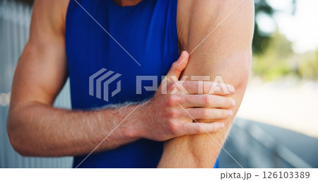 Person, arm pain or fitness injury in city, muscle cramps or tension with exercise mistake. Fibromyalgia, discomfort and male athlete hand with tendon tear, sports fracture or inflammation outdoor Person, arm pain or fitness injury in city, muscle cramps or tension with exercise mistake. Fibromyalgia, discomfort and male athlete hand with tendon tear, sports fracture or inflammation outdoor 126103389