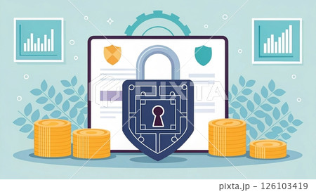 Cybersecurity law concept, Digital security concept with lock and financial elements. Cybersecurity law concept, Digital security concept with lock and financial elements. 126103419