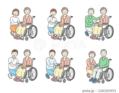 車椅子の高齢者を介助する人物のイラストセット 車椅子の高齢者を介助する人物のイラストセット 126103453
