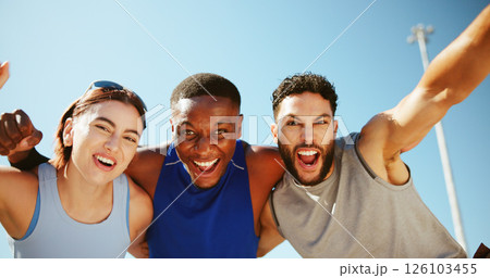 Happy people, fitness or portrait with celebration for winning, success or health and wellness together. Active group, excited friends or hug with smile for workout achievement, teamwork or exercise Happy people, fitness or portrait with celebration for winning, success or health and wellness together. Active group, excited friends or hug with smile for workout achievement, teamwork or exercise 126103455