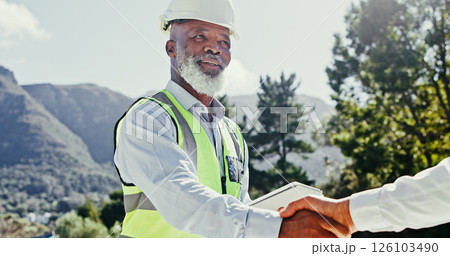 Collaboration, construction worker and handshake of engineer people outdoor for nature development. Mature man, tablet or partnership for excavation, contract or agreement while shaking hands Collaboration, construction worker and handshake of engineer people outdoor for nature development. Mature man, tablet or partnership for excavation, contract or agreement while shaking hands 126103490