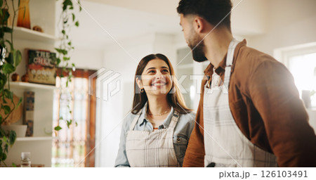 Talking, cooking and couple in kitchen in house together for bonding, conversation and connection. Happy, helping and man with woman for preparing meal, food or dinner for health diet in apartment. Talking, cooking and couple in kitchen in house together for bonding, conversation and connection. Happy, helping and man with woman for preparing meal, food or dinner for health diet in apartment. 126103491
