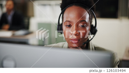 Woman, face and thinking at computer for call center, communication or CRM with help desk for support insight. Information, idea or telecom with online reading, customer service and outbound solution 126103494