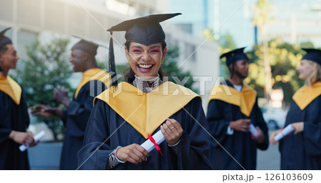 Degree, woman and portrait of graduate in city for education goal, qualification or achievement. Happy, outdoor and university student with pride for college diploma with learning at campus in town. 126103609