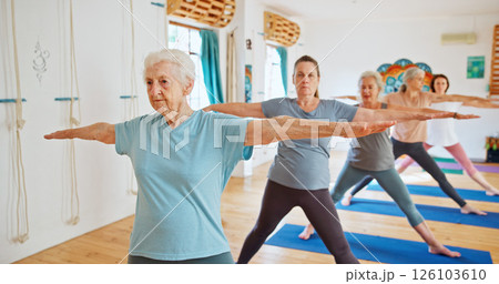 Group, elderly people and stretching for yoga with zen, fitness exercise and spiritual wellness. Senior women, muscle warm up and pilates lesson, holistic practice and body balance at health club 126103610