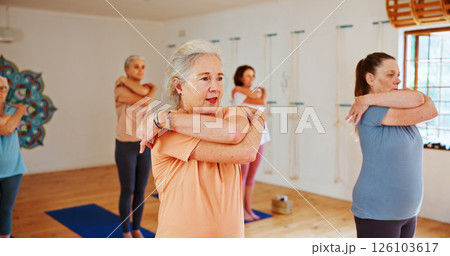 Yoga class, senior women and stretching with fitness, spiritual wellness and pilates with energy. Elderly people, balance or group in health club, exercise and retirement care with challenge and calm 126103617